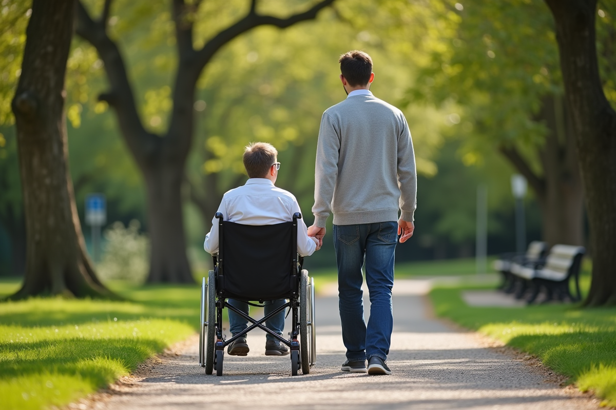 Aide en extérieur poussant une personne en fauteuil