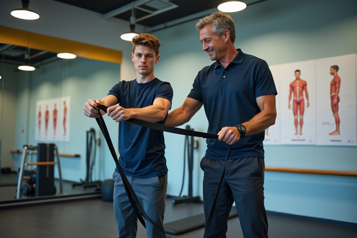 Adolescent faisant un exercice avec bande de résistance en rééducation