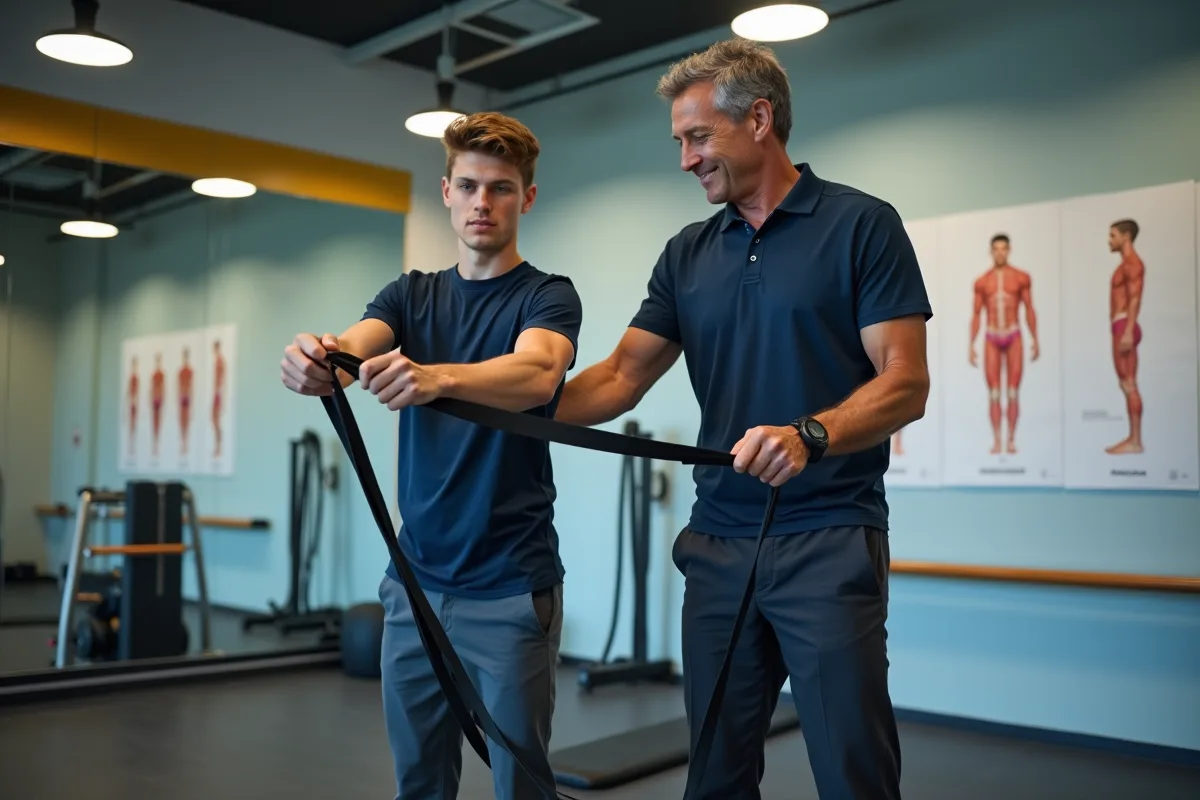 Adolescent faisant un exercice avec bande de résistance en rééducation