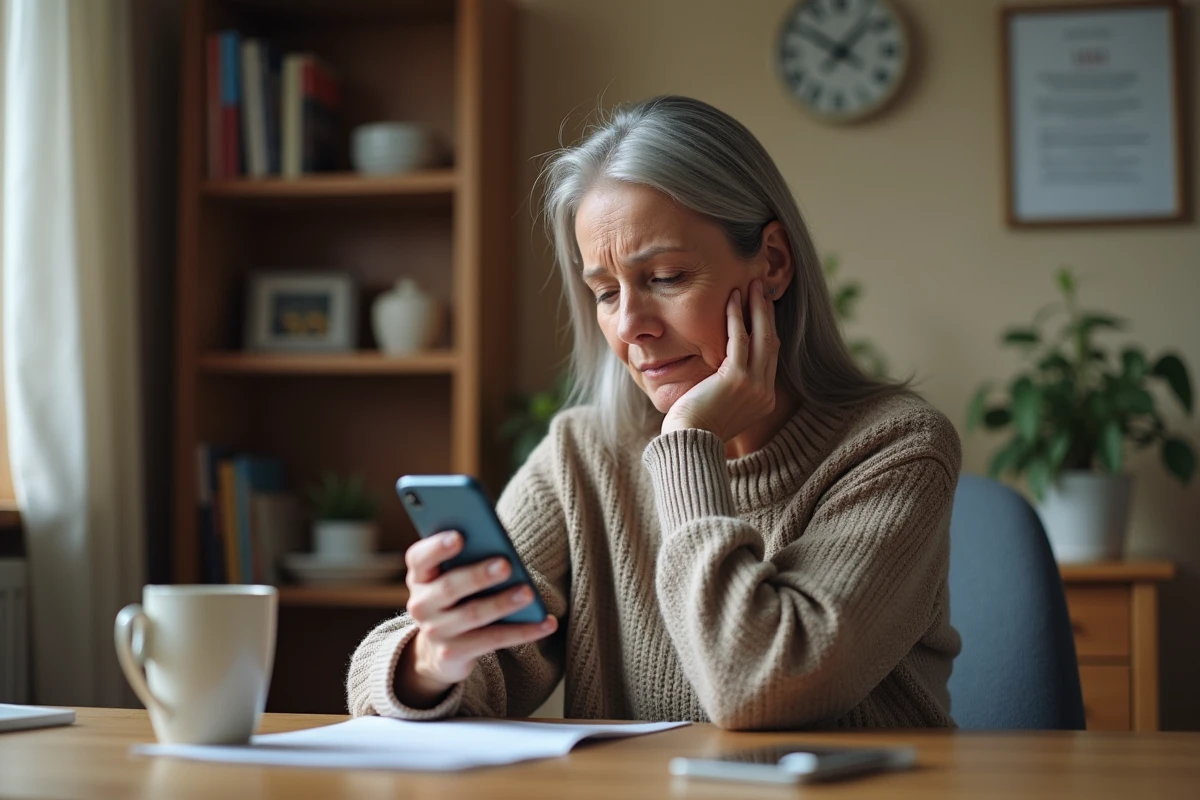 Femme d'âge moyen regardant des résultats médicaux sur son smartphone à la maison, illustrant les risques de l'autodiagnostic en ligne pour le cancer de la langue
