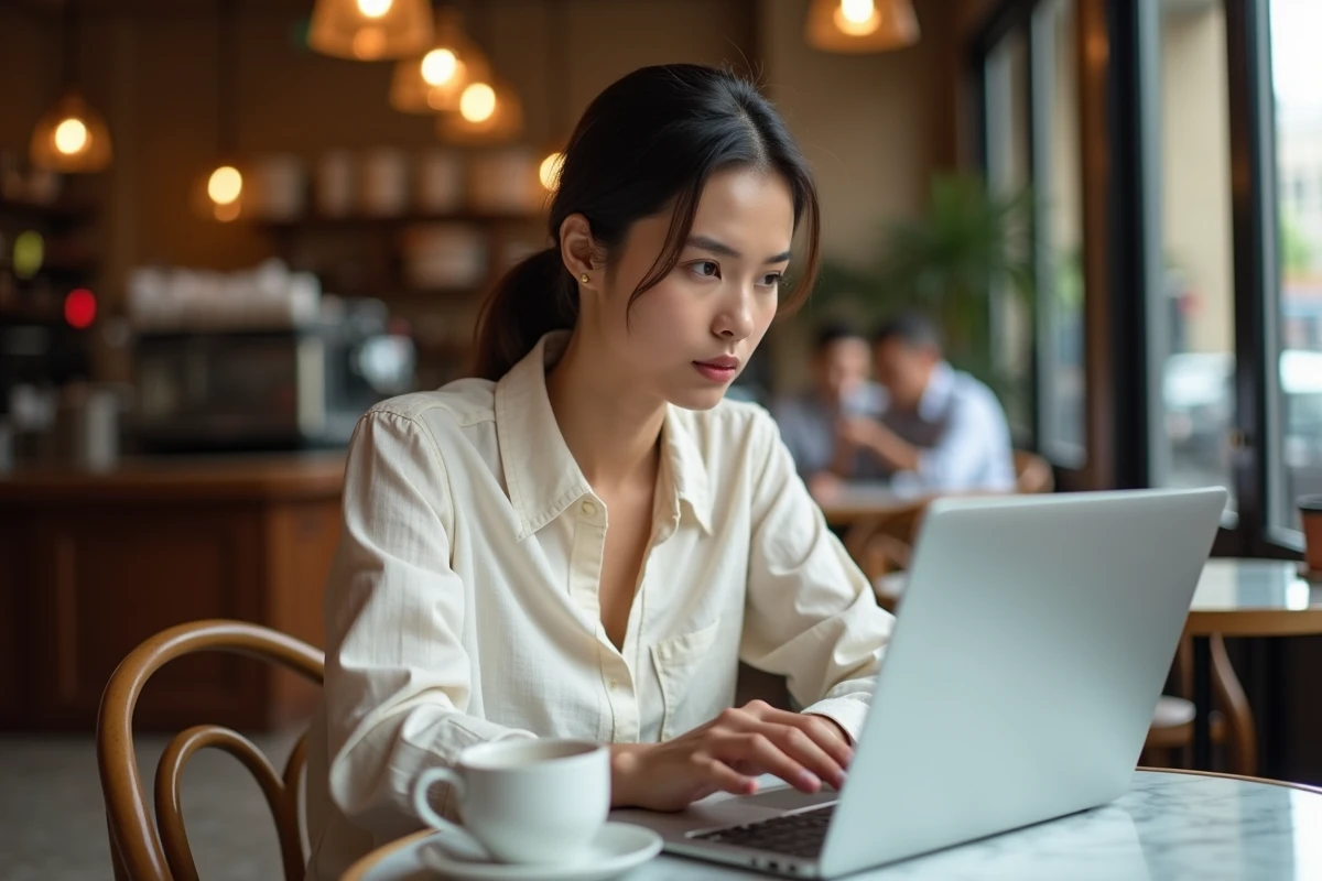 Femme consultant des avis en ligne sur Simon Cavallo depuis un café parisien