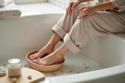 Femme faisant tremper ses pieds dans un bain de pieds en bois avec pétales de roses pour ramollir les ongles des pieds