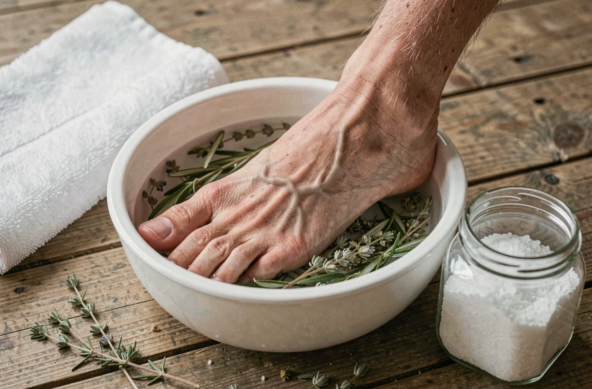 Pied d'homme trempant dans un bain aux herbes pour soulager une épine calcanéenne