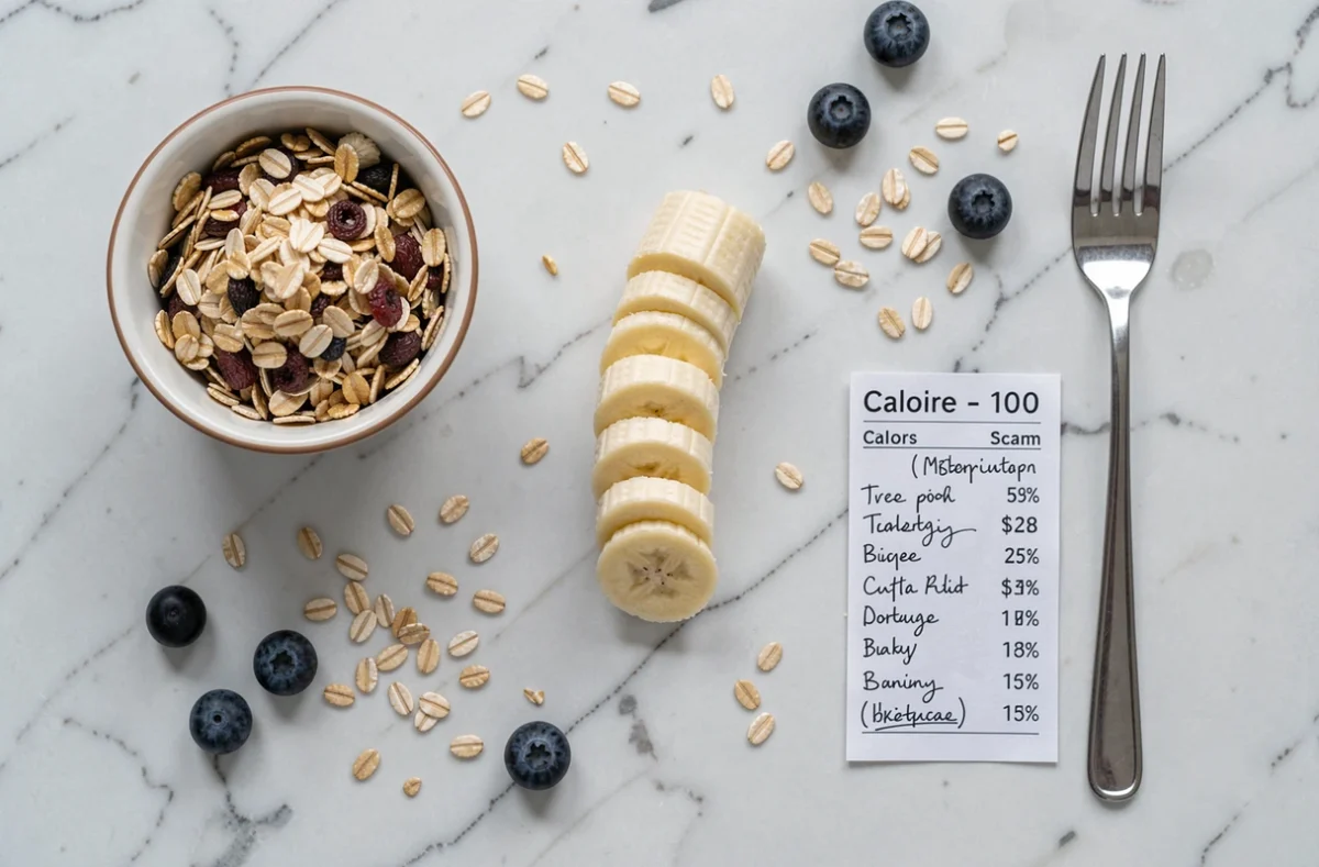 Vue de dessus d'une banane tranchée avec une carte de calories et un bol de granola sur marbre blanc