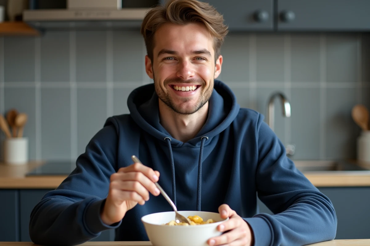 Jeune homme mangeant un bol de smoothie doux et nutritif après une extraction dentaire