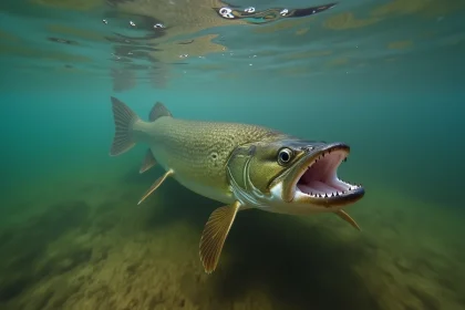Gros plan sous-marin d'un brochet aux mâchoires ouvertes dans un lac d'eau douce, illustrant le danger potentiel pour les baigneurs