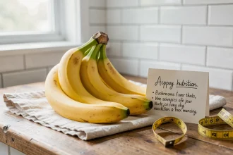 Régime de bananes mûres sur un comptoir en bois avec un ruban de mesure et une étiquette nutritionnelle artisanale