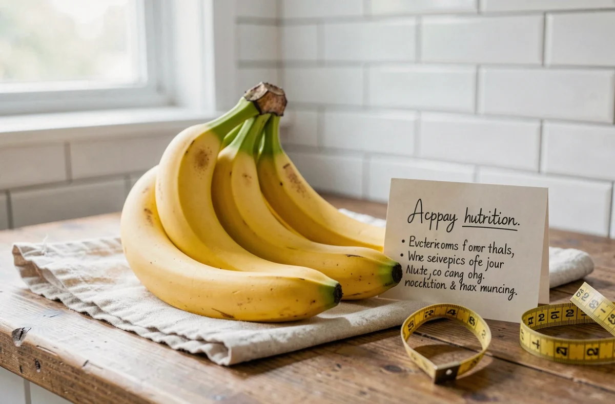 Régime de bananes mûres sur un comptoir en bois avec un ruban de mesure et une étiquette nutritionnelle artisanale