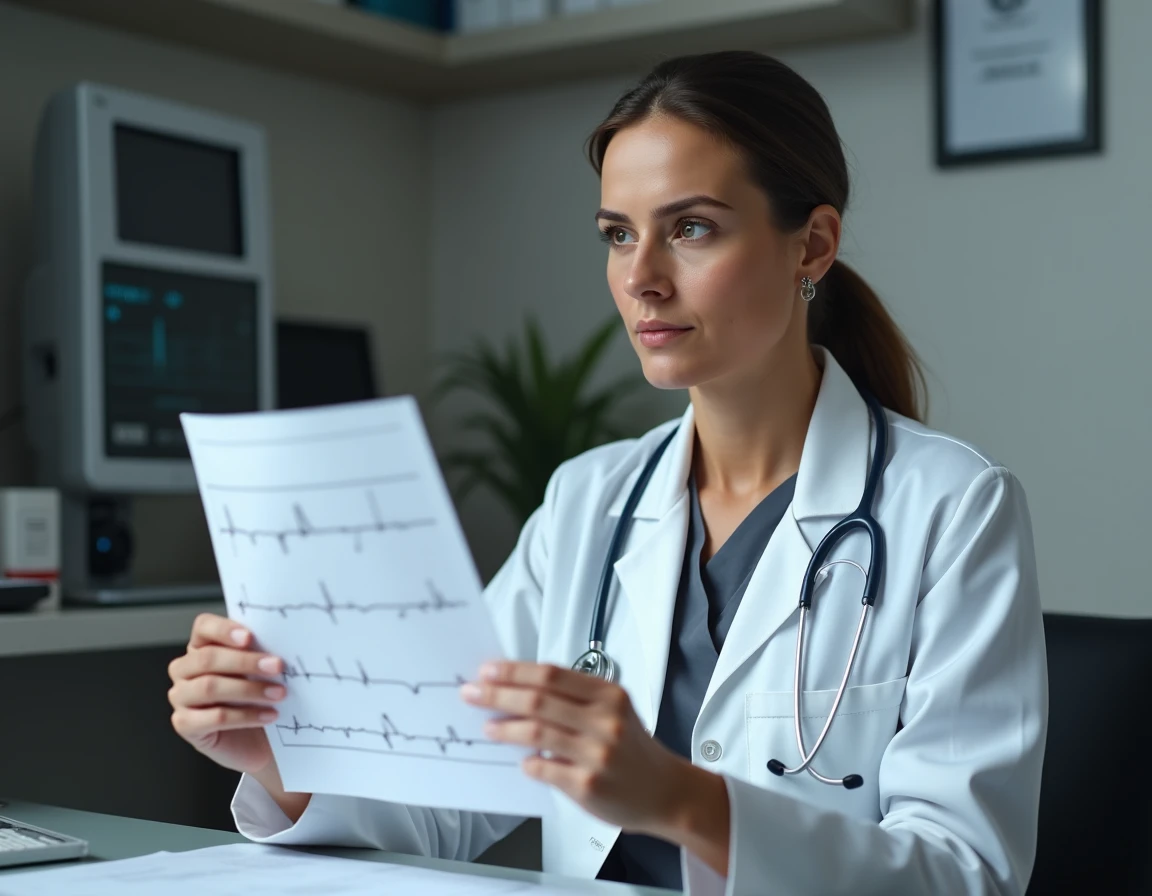 Cardiologue féminine analysant un électrocardiogramme dans son cabinet médical lors d'une consultation pour extrasystoles