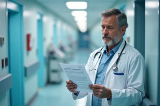 Cardiologue analysant un rapport de marqueurs cardiaques dont la norme tropo dans un couloir d'hôpital moderne