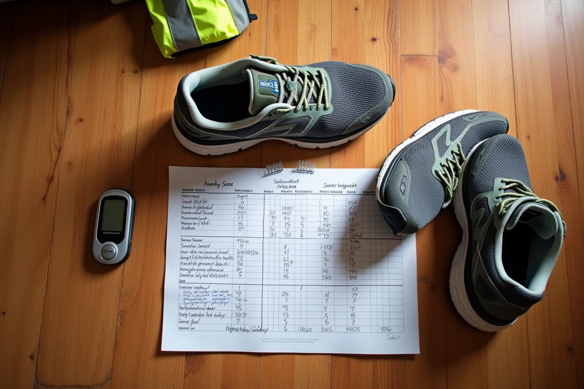 Chaussures de running usées posées à côté d'un podomètre et d'un tableau de conversion pas-kilomètres manuscrit sur parquet