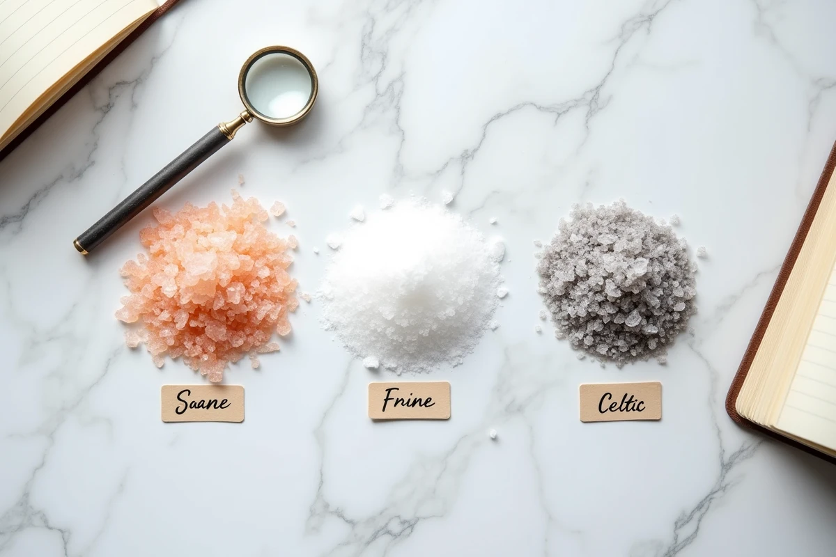 Comparaison de différents types de sels dont le sel rose de l'Himalaya sur un plan de travail en marbre avec des étiquettes manuscrites