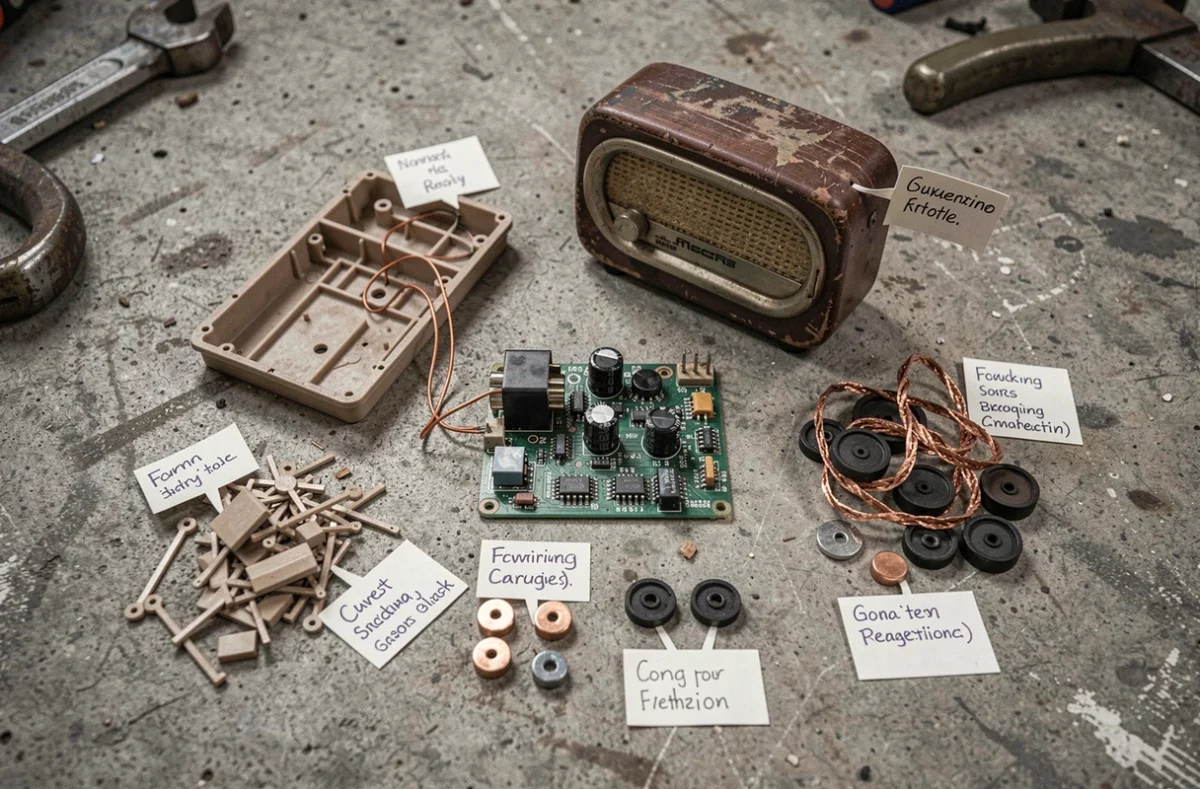 Vue de dessus des composants démontés d'une vieille radio triés par catégorie de recyclage sur un sol en béton