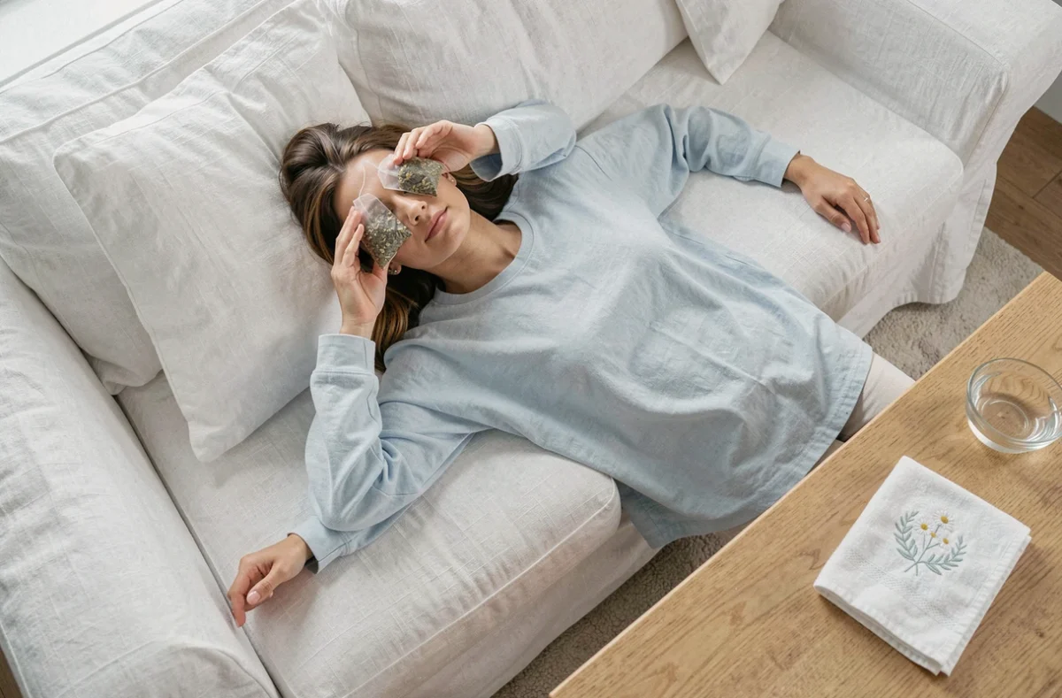 Femme allongée se reposant avec des compresses de camomille sur les yeux pour réduire la fatigue oculaire