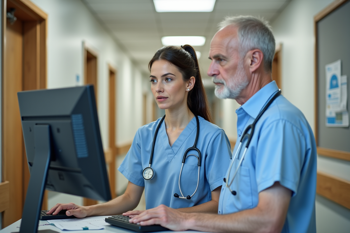 Infirmiers consultent un dossier médical à la station
