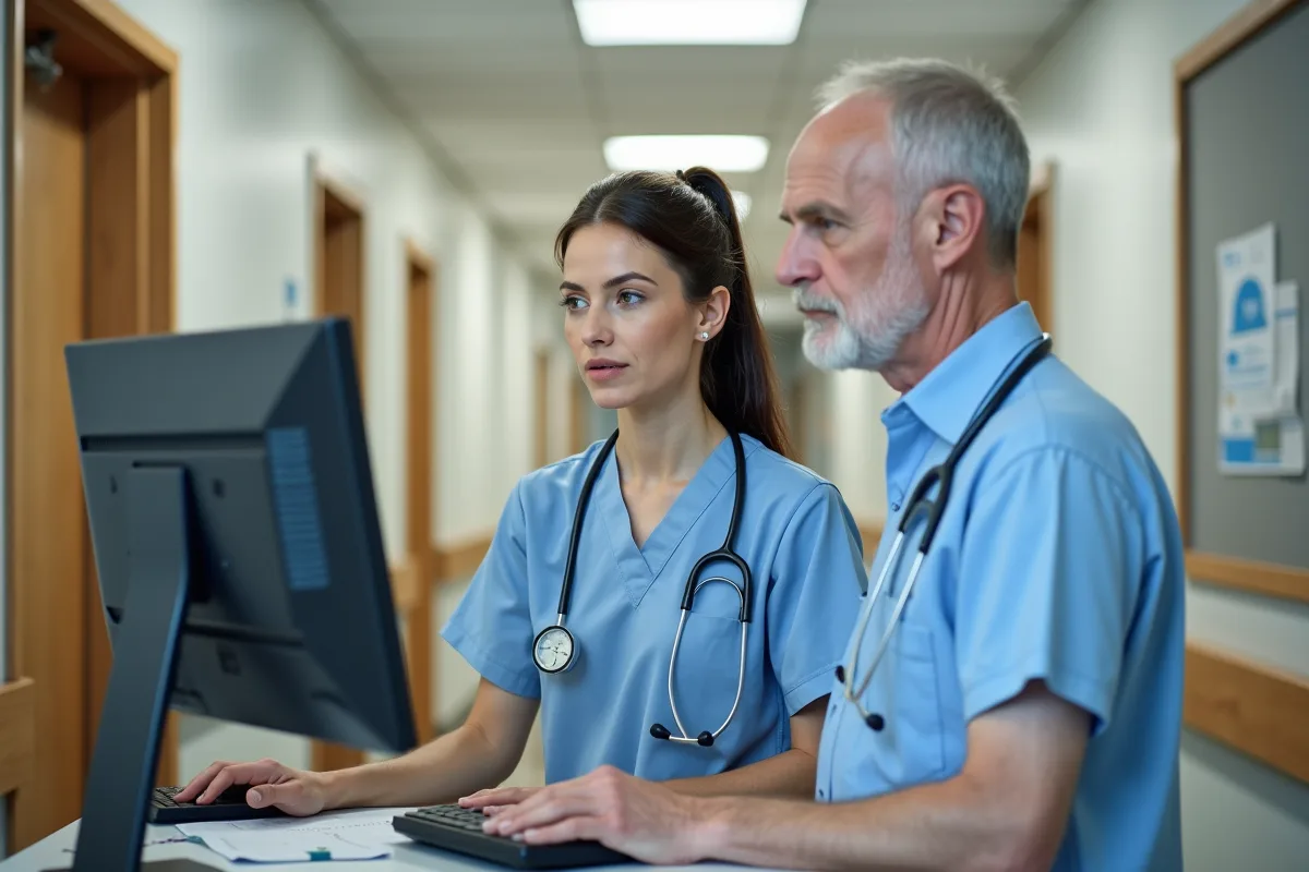 Infirmiers consultent un dossier médical à la station