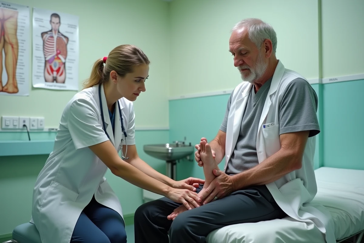 Médecin examinant les chevilles enflées d'un homme âgé lors d'une consultation médicale
