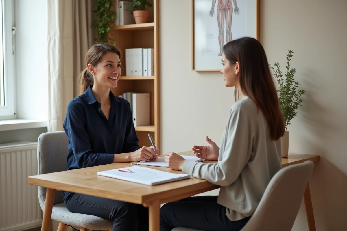Ostéopathe et patiente en consultation bien-être dans un cabinet calme et professionnel, échangeant autour d'un bilan de santé quotidien