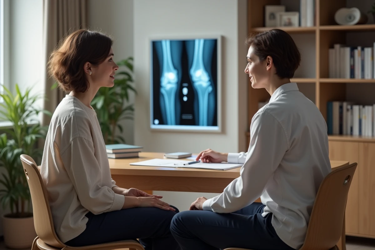 Consultation rhumatologique pour algoneurodystrophie du genou, patiente et médecin analysant une radiographie
