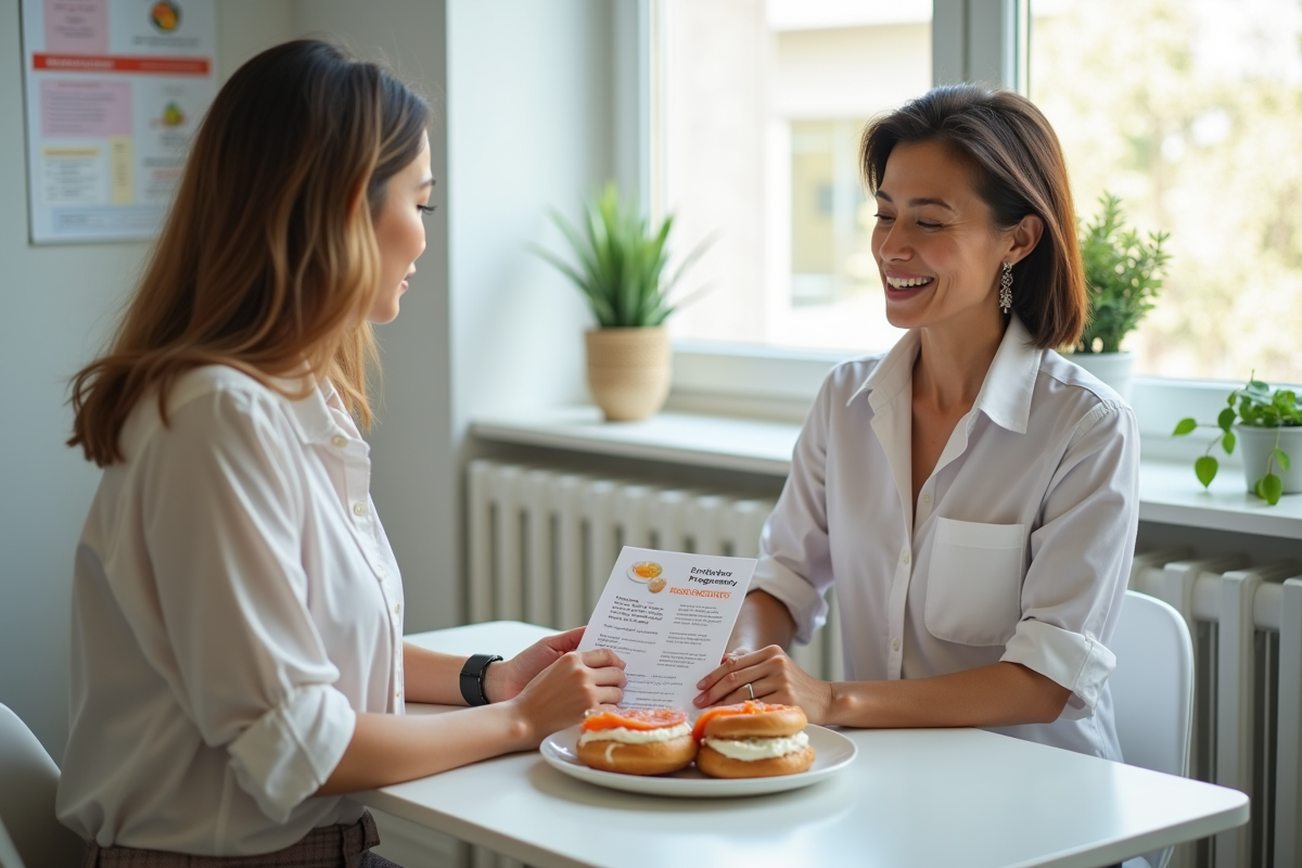 Diététicienne expliquant un guide alimentaire à une femme enceinte
