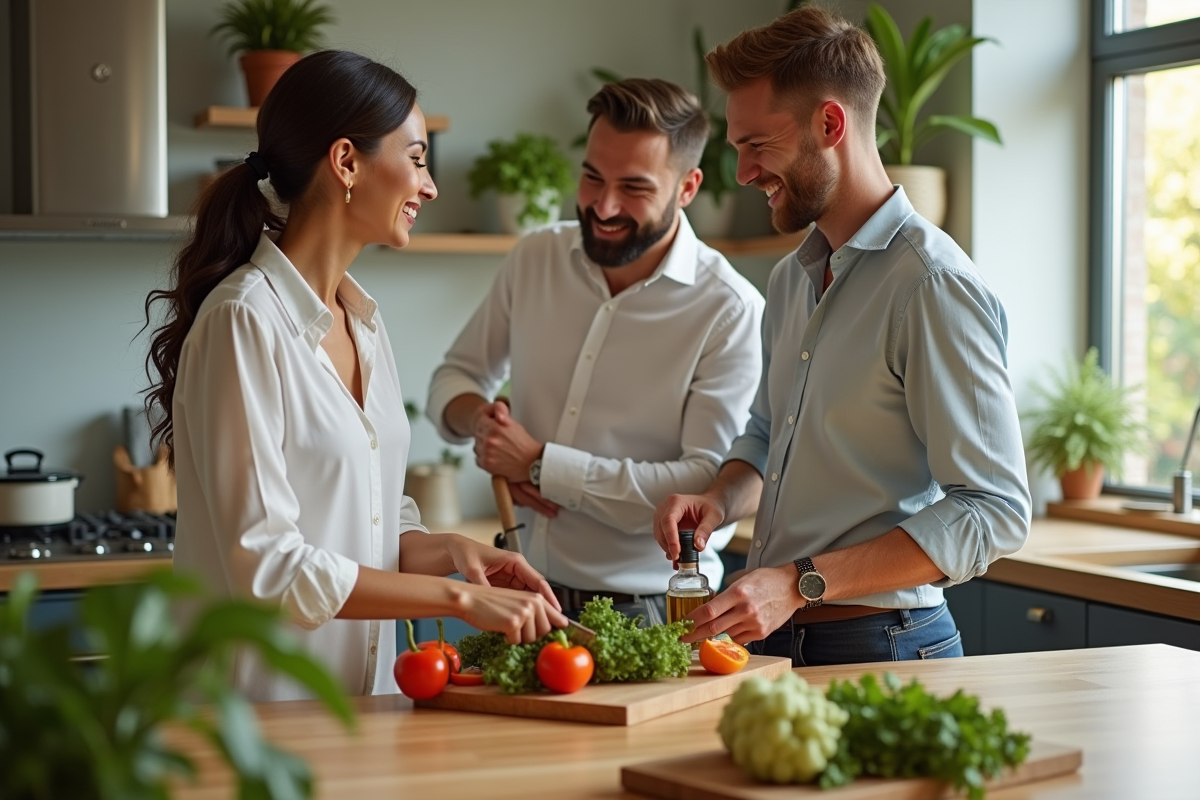 Couple joyeux préparant un repas sain dans une cuisine moderne