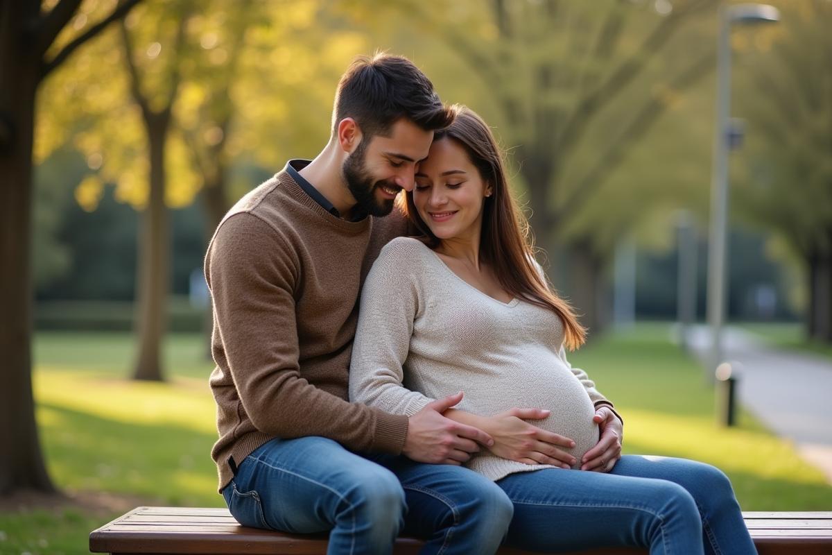 Jeune couple enceinte assis dans un parc urbain calme