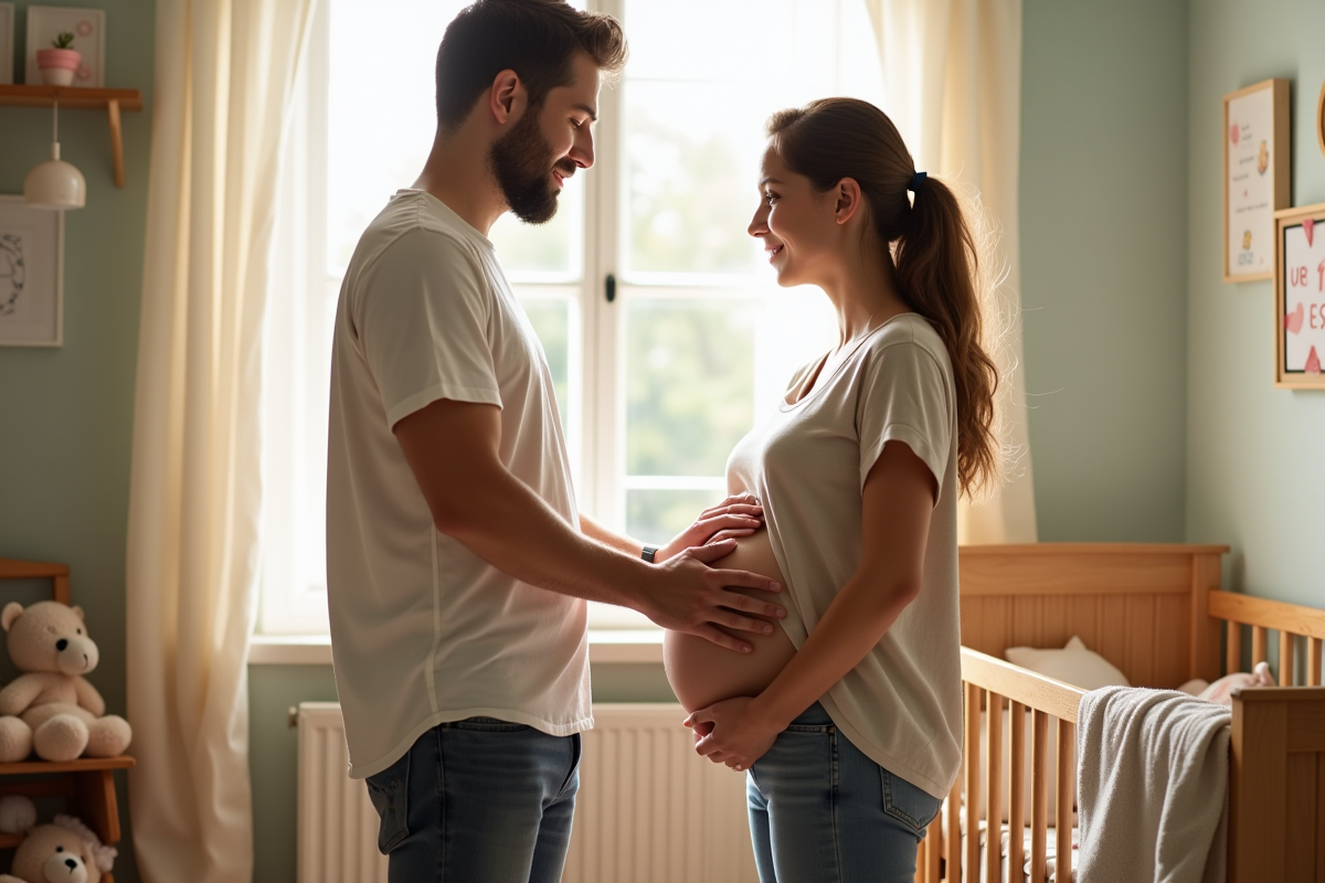 Couple dans une nurserie en lumière naturelle