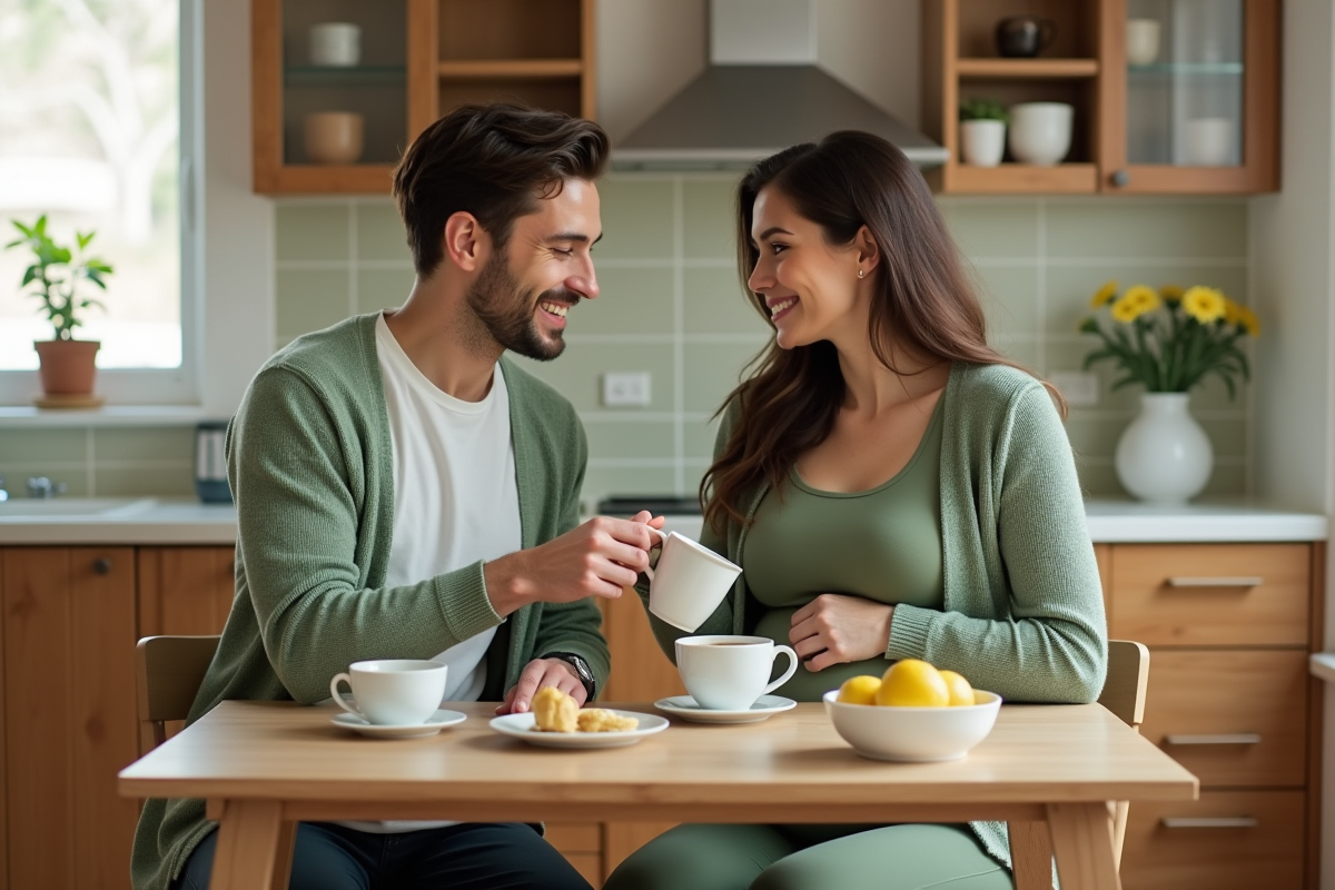 Couple partageant un thé au gingembre dans la cuisine