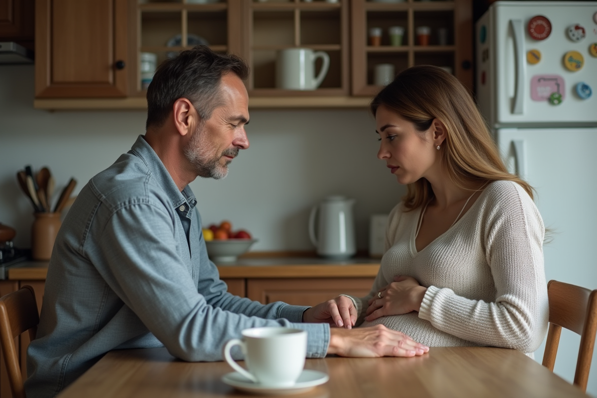 Couple assis à la table de cuisine avec femme enceinte anxieuse