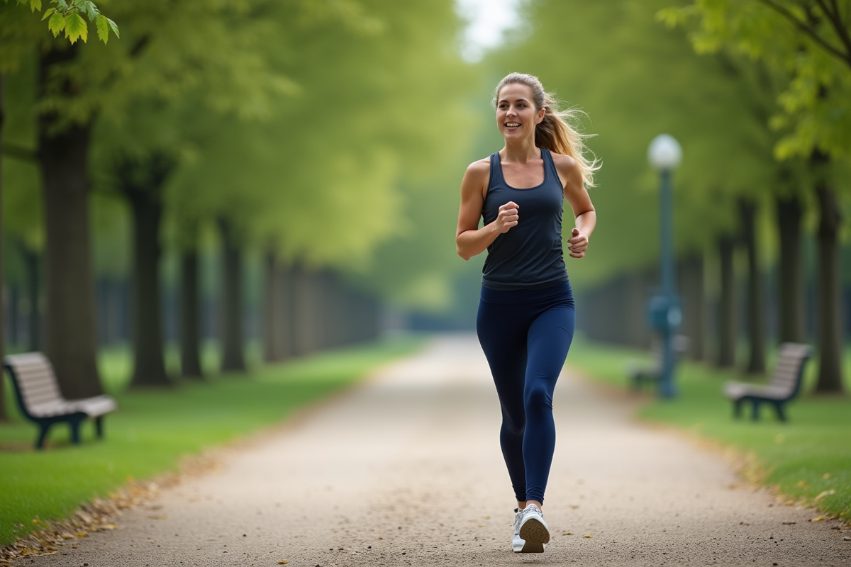 Femme courant dans un parc urbain en tenue de sport