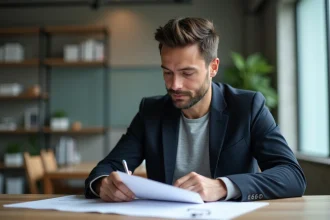Homme professionnel analysant des avis et critiques sur Simon Cavallo dans un bureau contemporain en 2026
