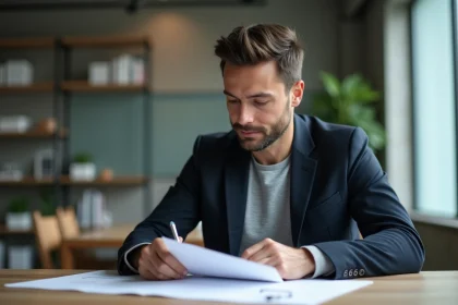 Homme professionnel analysant des avis et critiques sur Simon Cavallo dans un bureau contemporain en 2026