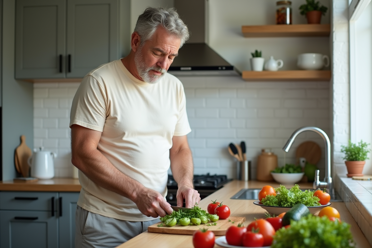 Homme préparant un repas sain dans une cuisine moderne