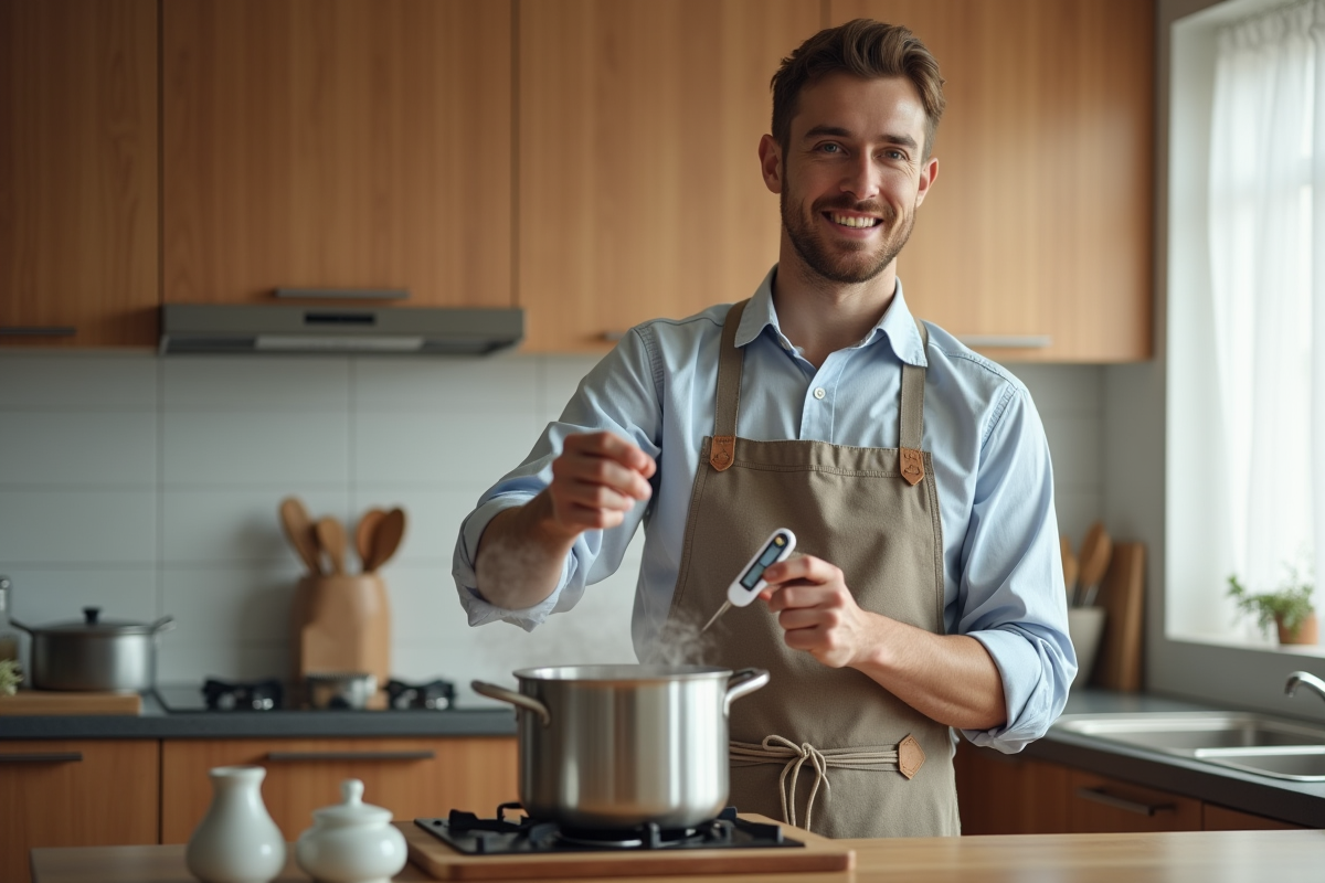 Jeune homme utilisant un thermomètre dans la cuisine moderne