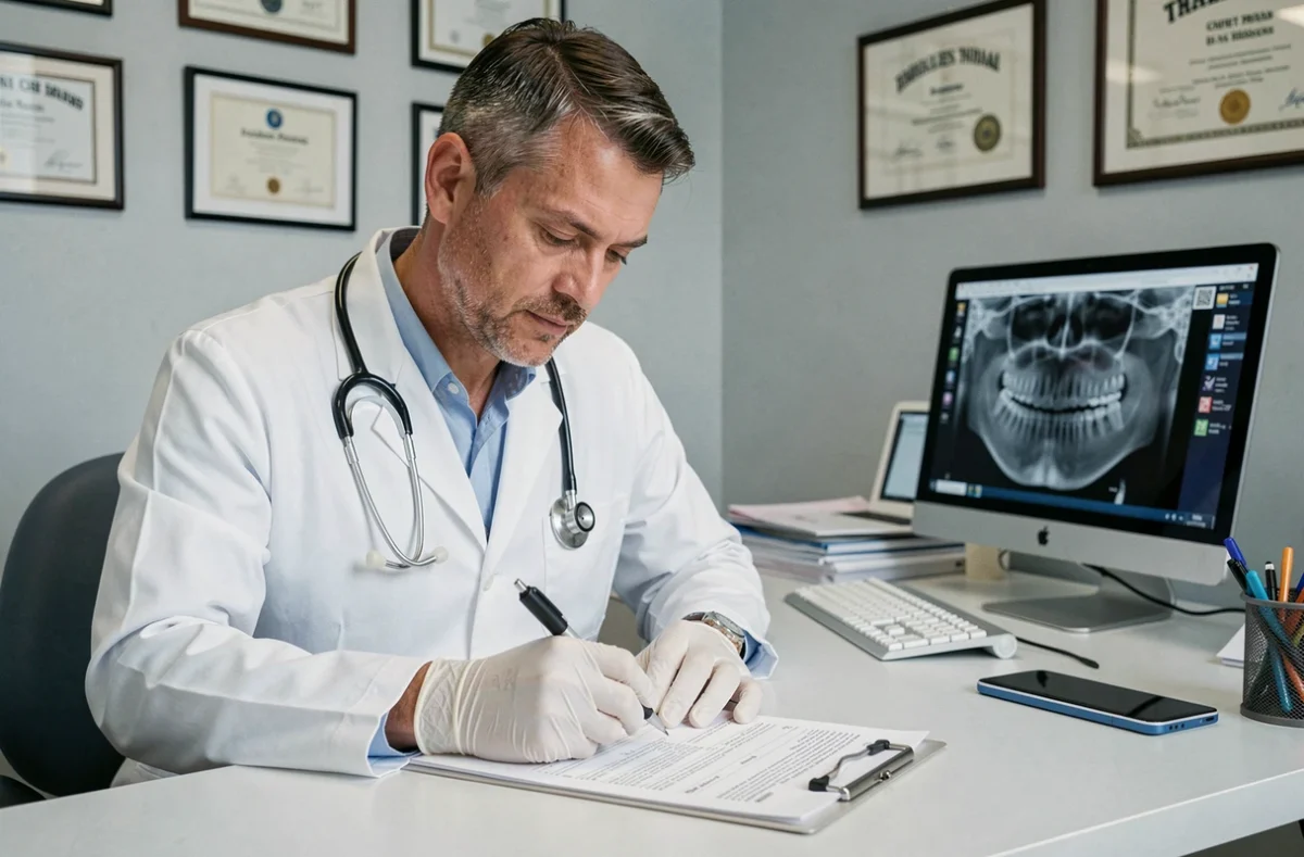 Dentiste rédigeant un arrêt de travail médical pour un patient souffrant de migraine dentaire dans son cabinet professionnel