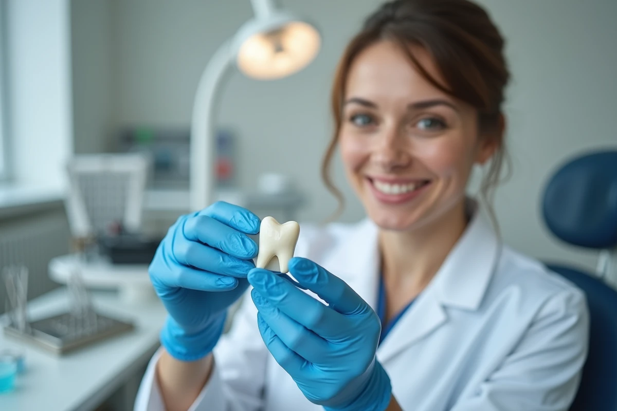 Dentiste examinant une couronne en céramique dentaire dans un cabinet moderne, illustration des erreurs fréquentes à éviter