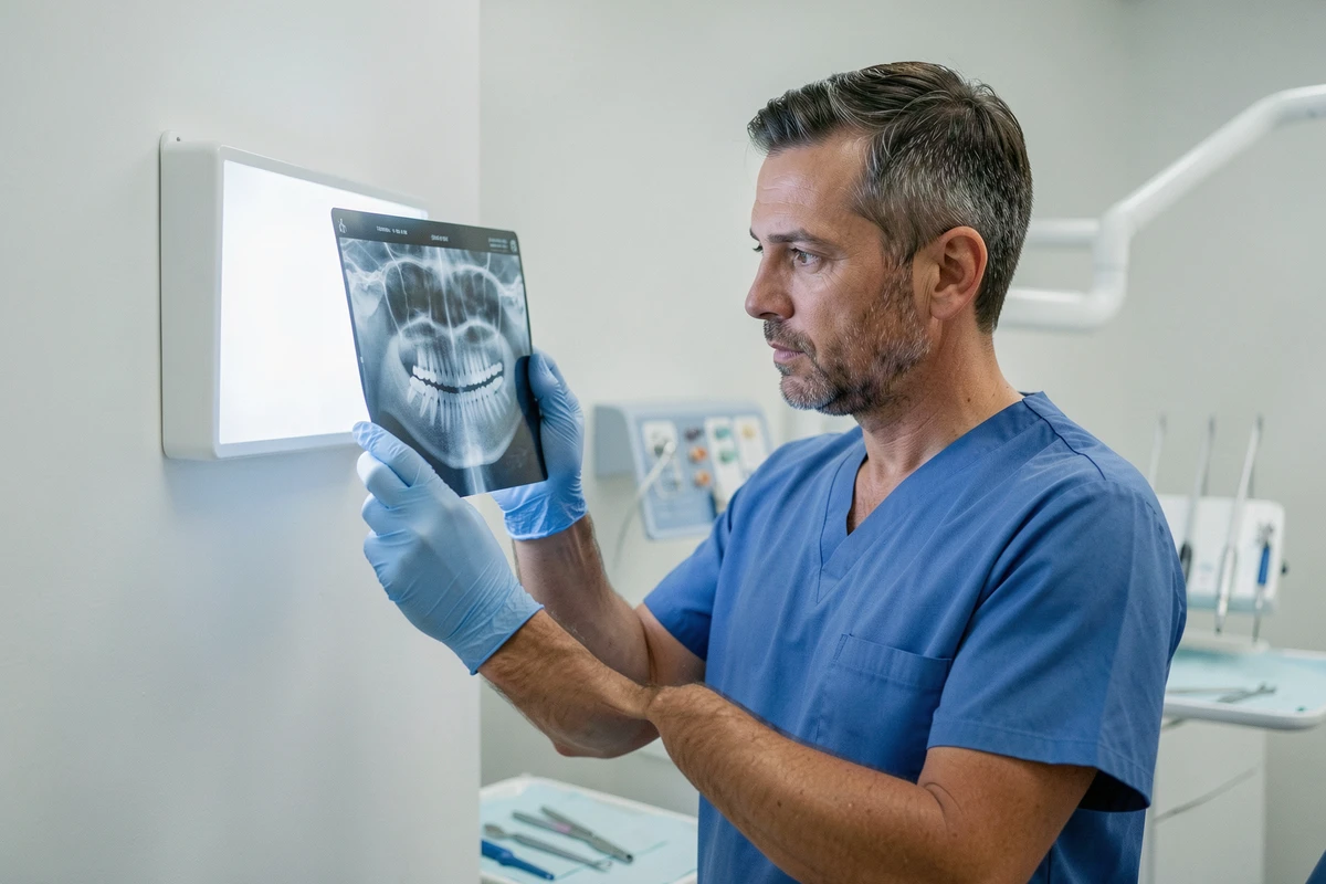 Dentiste analysant une radiographie dentaire pour diagnostiquer un problème sur une dent dévitalisée