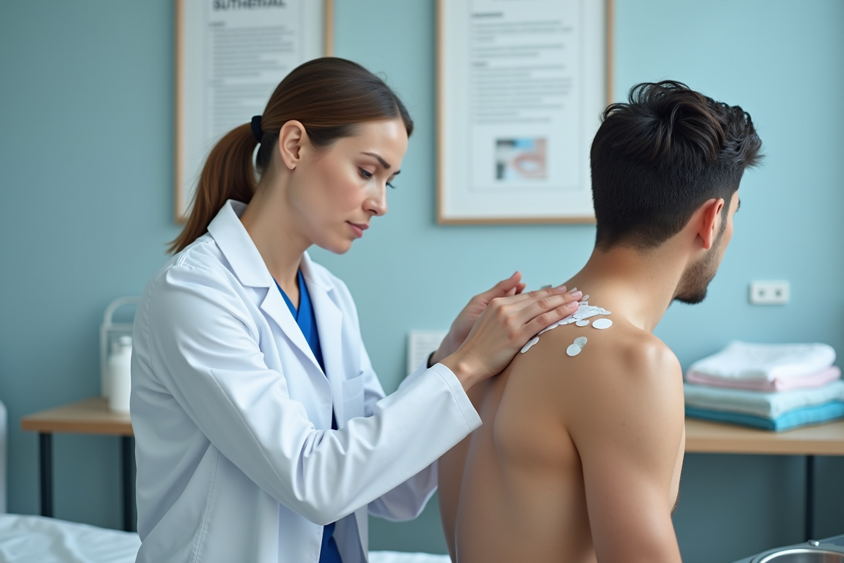 Dermatologue appliquant des patchs allergènes sur un patient