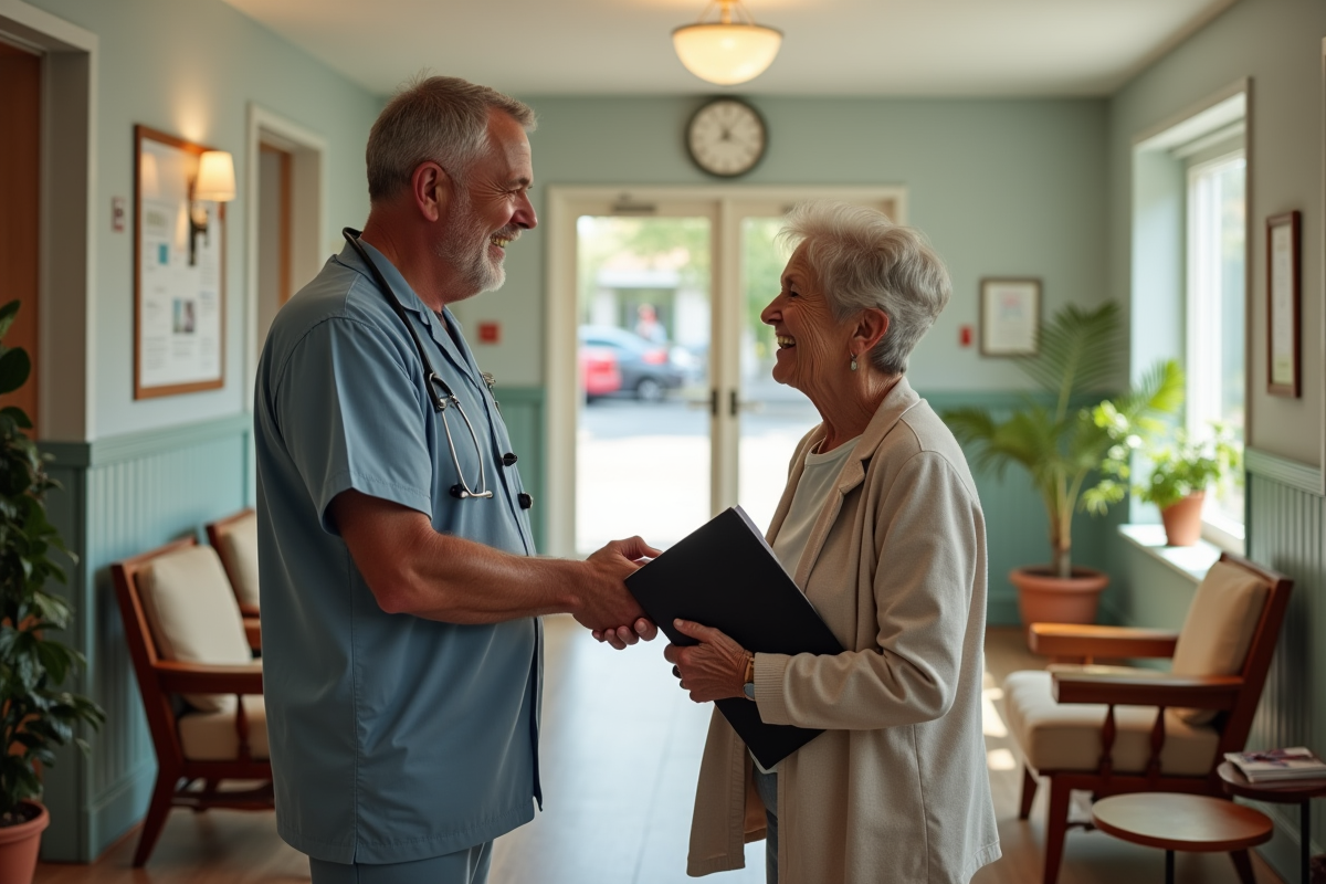 Docteur accueillant chaleureusement une patiente dans un centre de santé