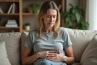Femme adulte assise sur un canapé tenant son côté droit sous les côtes avec une expression de douleur légère