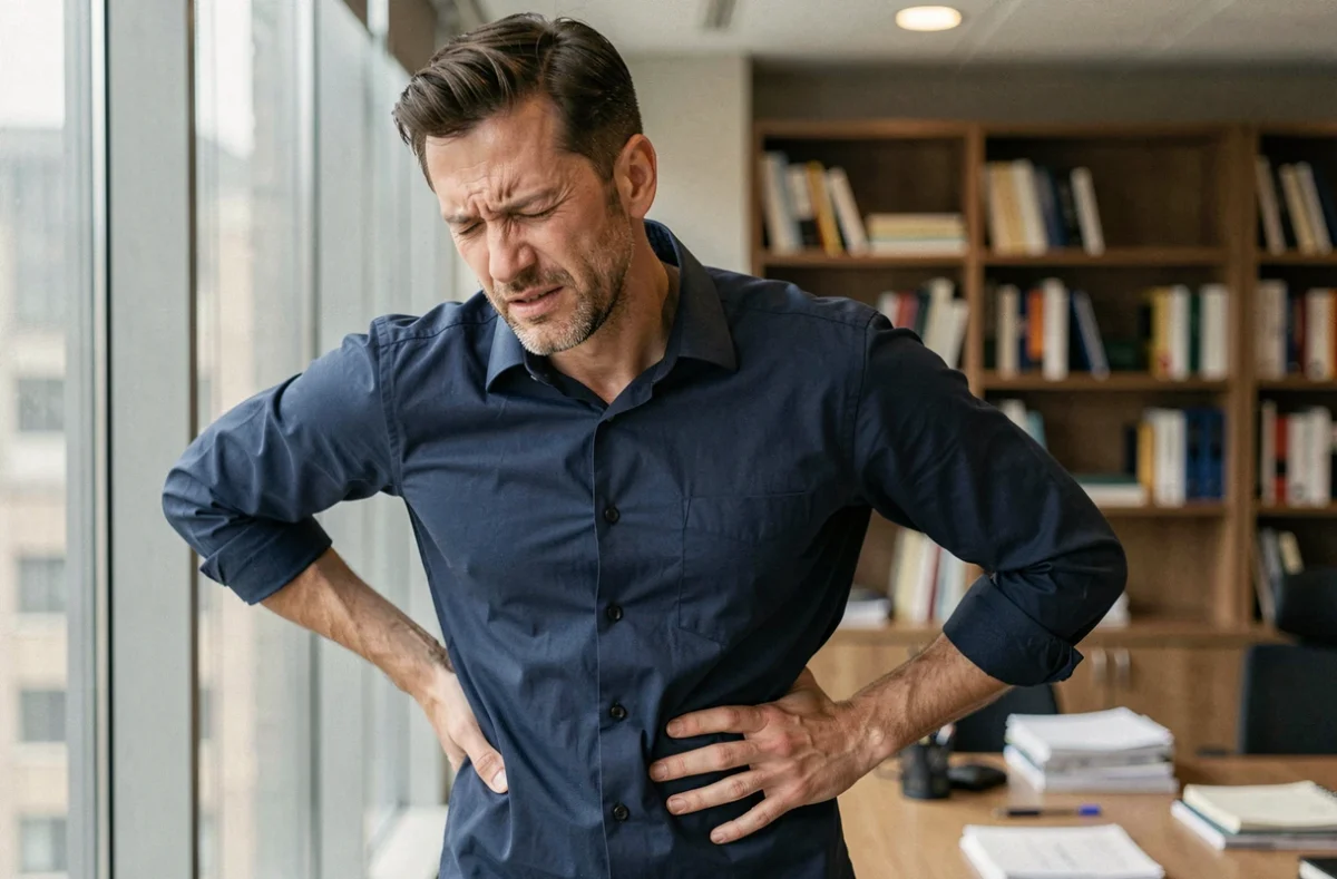 Homme ressentant une douleur irradiant vers le dos au niveau des côtes droites, dans un bureau, lien entre stress et douleurs digestives