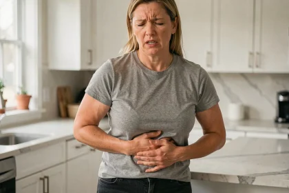 Femme tenant son côté droit sous les côtes en raison de douleurs sous costales soudaines dans une cuisine moderne