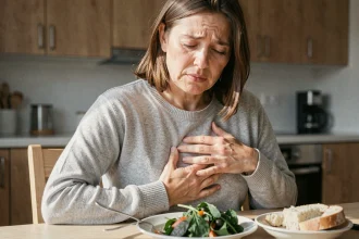 Femme souffrant d'une douleur sous les côtes droites après un repas, illustrant les troubles digestifs liés à l'alimentation