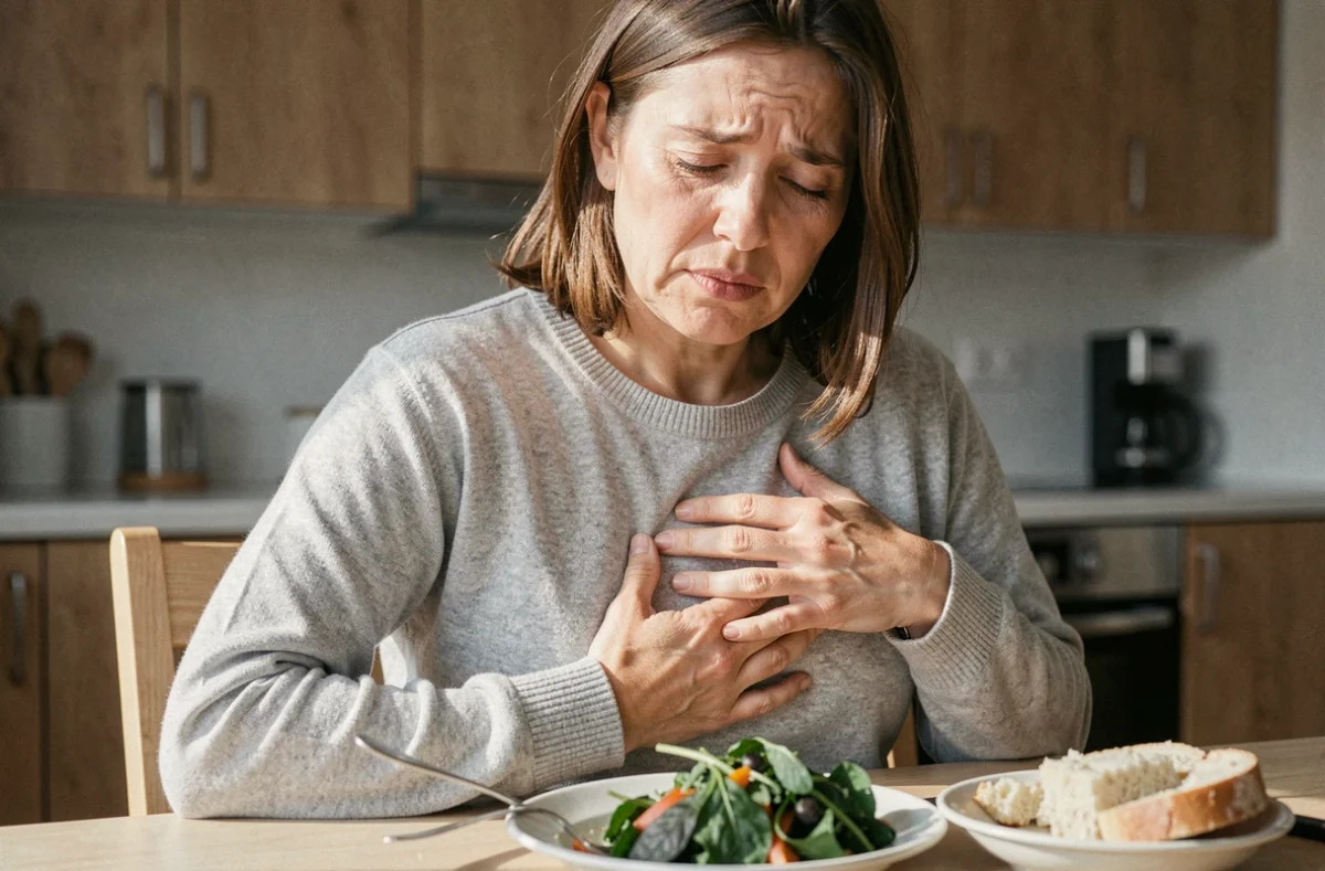 Femme souffrant d'une douleur sous les côtes droites après un repas, illustrant les troubles digestifs liés à l'alimentation