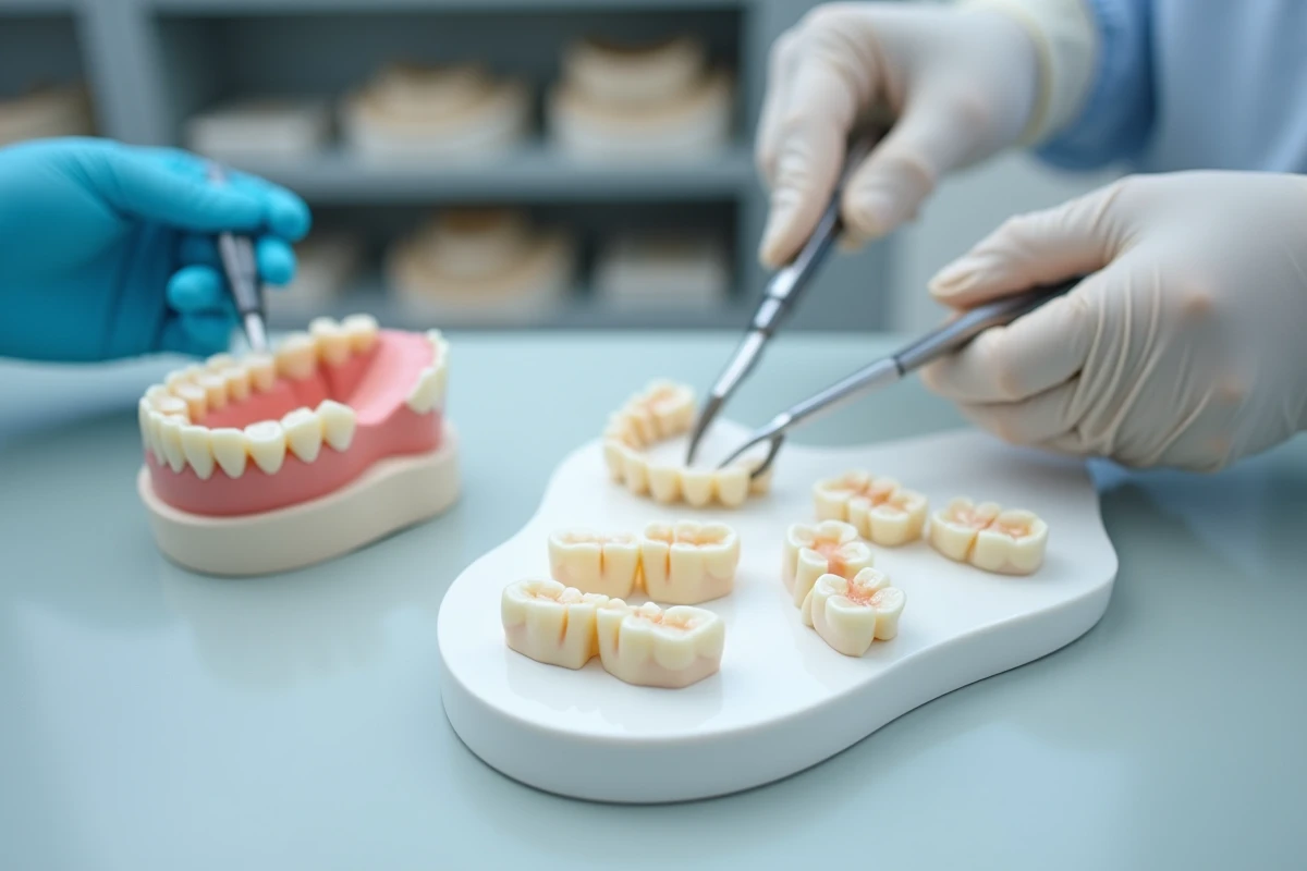 Échantillons de céramique dentaire et prothèses sur plateau clinique en laboratoire, guide des erreurs fréquentes chez le patient
