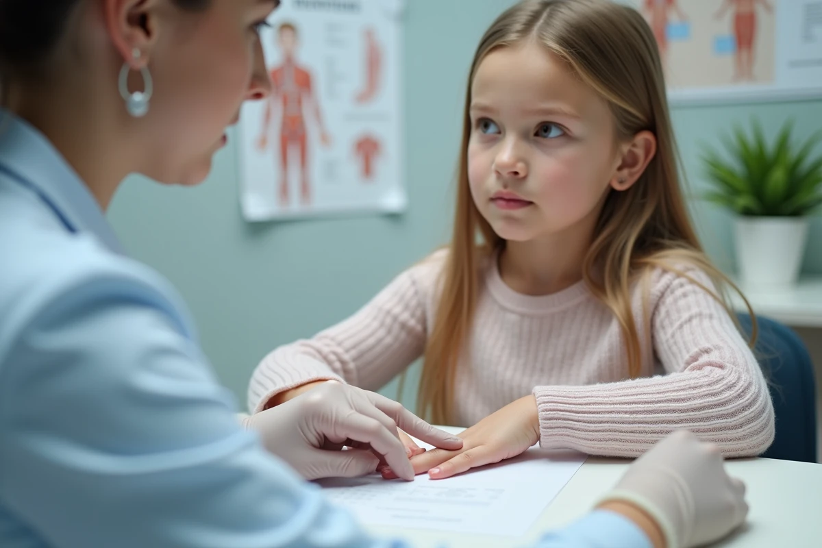 Jeune fille chez le pédiatre montrant son ongle