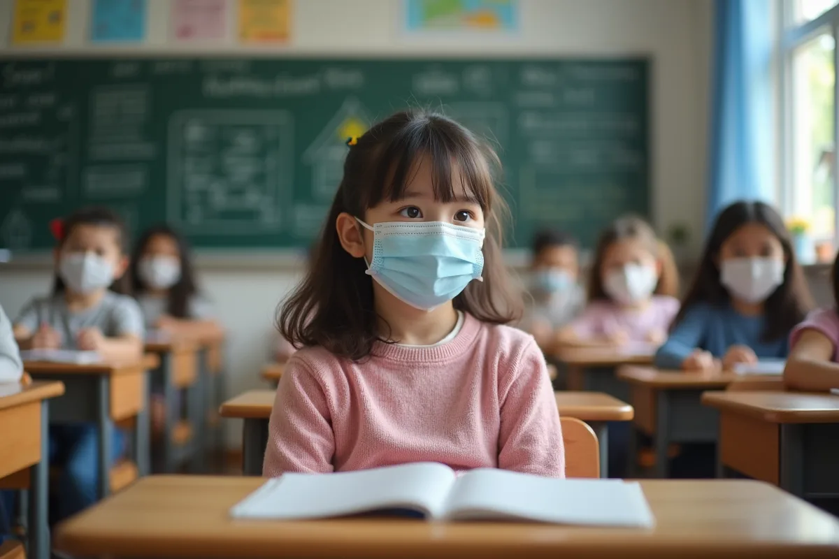 Enfant portant masque dans une classe scolaire
