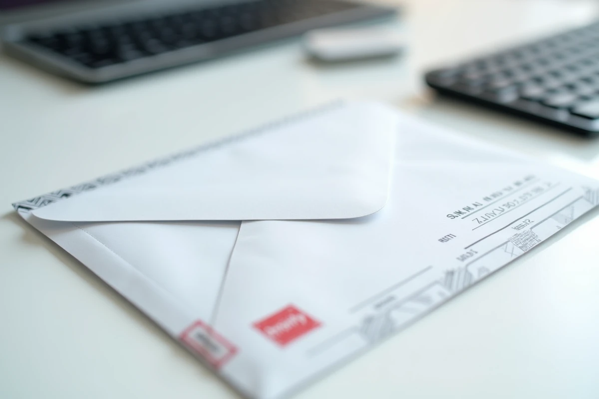 Gros plan d'une enveloppe administrative adressée à la CPAM de Lyon avec un document médical d'arrêt de travail posé sur un bureau blanc
