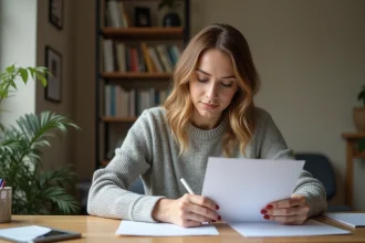 Femme écrivant une adresse postale sur une enveloppe blanche à son bureau à domicile pour envoyer un arrêt de travail à la CPAM de Lyon