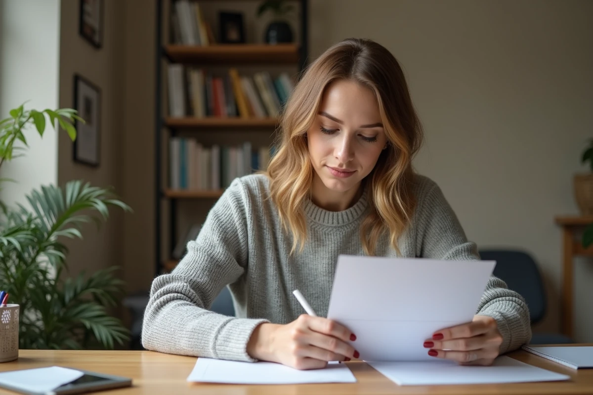 Femme écrivant une adresse postale sur une enveloppe blanche à son bureau à domicile pour envoyer un arrêt de travail à la CPAM de Lyon